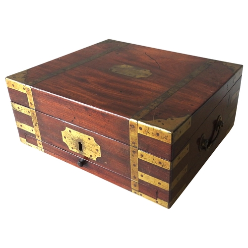 478 - A VICTORIAN BRASS BOUND MAHOGANY STRONG BOX/WRITING SLOPE the interior with key operated drawers and... 