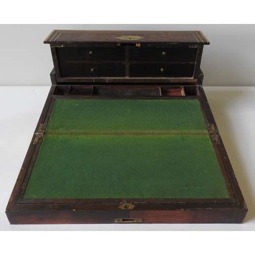 477 - A LARGE VICTORIAN BRASS BOUND ROSEWOOD WRITING SLOPE, the fold-over front revealing a rise and fall ... 