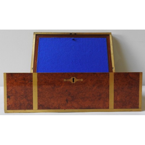 476 - A LARGE VICTORIAN BRASS BOUND BURR WALNUT WRITING SLOPE. PREVIOUSLY RESTORED.18 x 49 x 27 cms