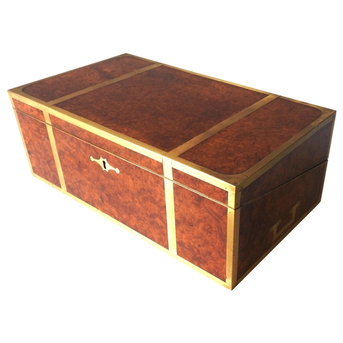 476 - A LARGE VICTORIAN BRASS BOUND BURR WALNUT WRITING SLOPE. PREVIOUSLY RESTORED.18 x 49 x 27 cms