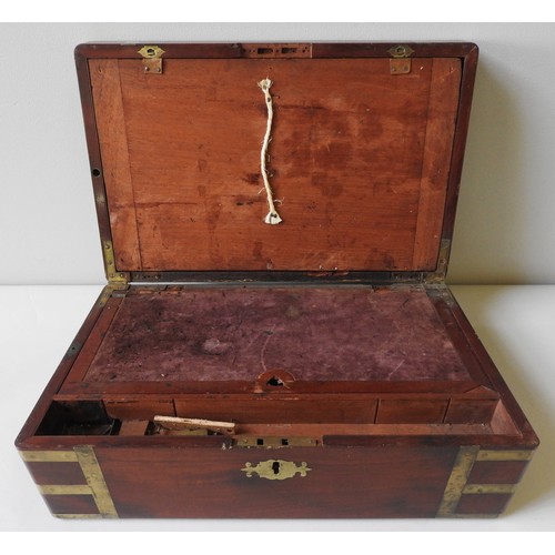 475 - A 19TH MAHOGANY BRASS BOUND CAMPAIGN WRITING BOX WITH LOWER DRAWER, and brass plate engraved Mr. D. ... 