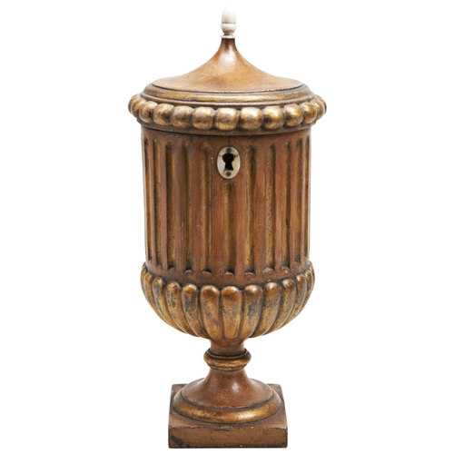 473 - A 19TH CENTURY TEA CADDY IN THE FORM OF AN URN, the hinged lid with gadrooned border, the fluted bod... 