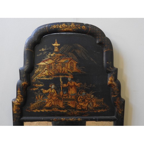 253 - A CHINOISERIE PIER MIRROR, EARLY 20TH CENTURY, the arch form top panel decorated with a scene depict... 