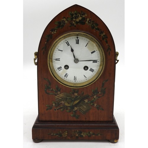 144 - A FRENCH PAINTED SATINWOOD MANTEL CLOCK, striking movement by Japy stamped Maple & Co. Limited, ... 