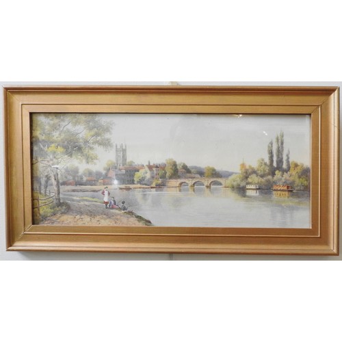 375 - A VINTAGE BRASS FRAMED ARTS & CRAFTS WALL MIRROR, along with a water colour of children fishing ... 