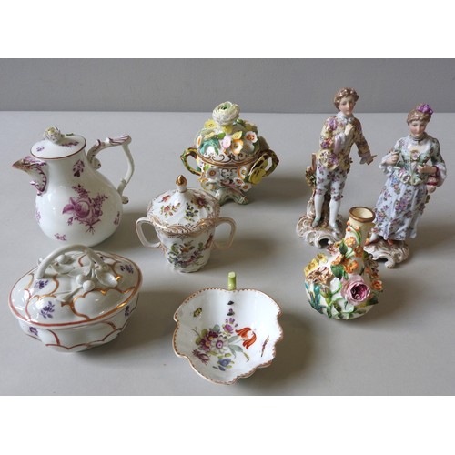 358 - A GROUP OF MIXED 18TH & 19TH CENTURY PORCELAIN ITEMS, the lot includes a covered Meissen pitcher... 