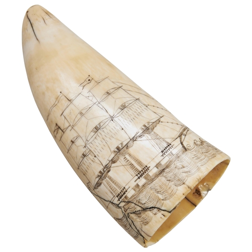 665 - A 19TH CENTURY SCRIMSHAW SPERM WHALE TOOTH decorated with a picture of a three-masted schooner. Old ... 