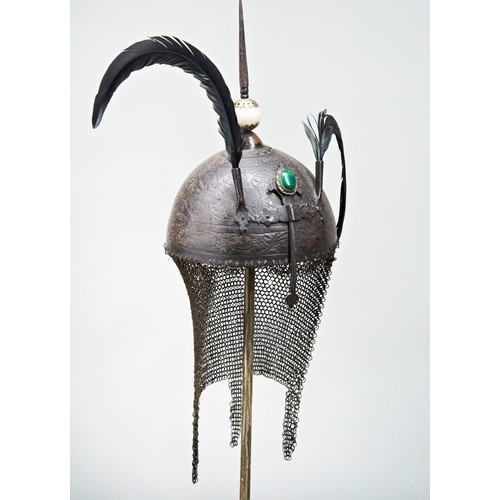 226 - AN INDO/PERSIAN KHULA KHUD, the steel casque with foliate and animal decoration, plume holders, nose... 