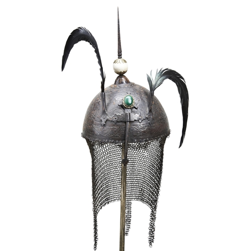 226 - AN INDO/PERSIAN KHULA KHUD, the steel casque with foliate and animal decoration, plume holders, nose... 