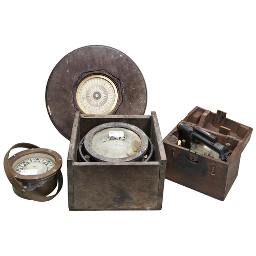 364 - A 19TH CENTURY TROUGHTON & SIMMS SIGHTING LEVEL IN A WOODEN CASE, a gimbel mounted brass compass... 