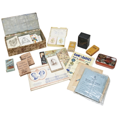 160 - A BOX OF ASSORTED VICTORIAN PLAYING CARDS, A GOLF AND FOOTBALL FLICKER BOOK AND VARIOUS OTHER EPHEME... 