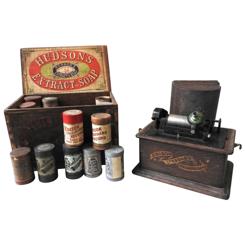 457 - AN EDISON STANDARD PHONOGRAPH IN AN OAK CASE, LACKING HORN, AND A QUANTITY OF WAX CYLINDERS IN A HUD... 