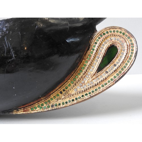 463 - A SAUNG OR BURMESE HARP WITH LONG CURVED NECK AND LACQUERED SOUND BOX AND GILDED DECORATION.(repaire... 