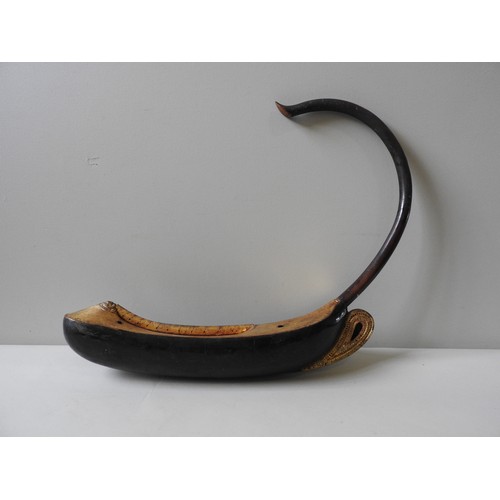 463 - A SAUNG OR BURMESE HARP WITH LONG CURVED NECK AND LACQUERED SOUND BOX AND GILDED DECORATION.(repaire... 