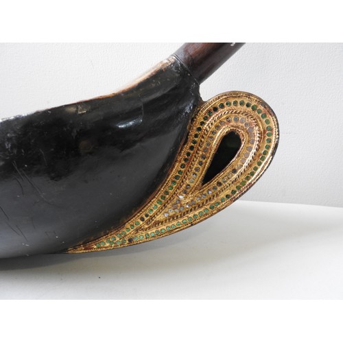 463 - A SAUNG OR BURMESE HARP WITH LONG CURVED NECK AND LACQUERED SOUND BOX AND GILDED DECORATION.(repaire... 