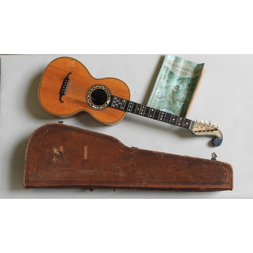 460 - A 19TH CENTURY ROMANTIC ERA GUITAR inlaid with mother of pearl, the headstock With engraved brass ‘p... 