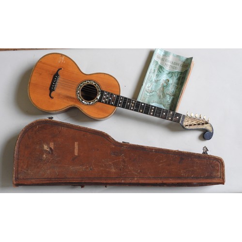 460 - A 19TH CENTURY ROMANTIC ERA GUITAR inlaid with mother of pearl, the headstock With engraved brass ‘p... 