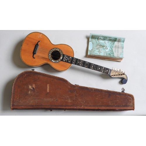 460 - A 19TH CENTURY ROMANTIC ERA GUITAR inlaid with mother of pearl, the headstock With engraved brass ‘p... 