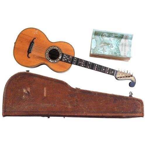 460 - A 19TH CENTURY ROMANTIC ERA GUITAR inlaid with mother of pearl, the headstock With engraved brass ‘p... 