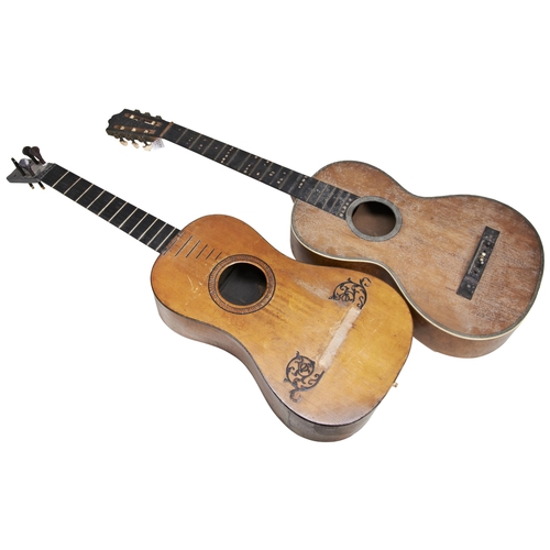 458 - A 19TH CENTURY ROMANTIC ERA GUITAR and another, both in need of extensive restoration, both un-named... 