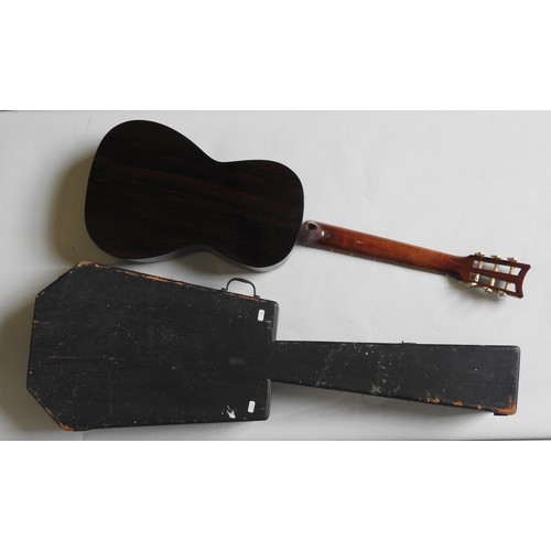 459 - A 19TH CENTURY GUITAR WITH MOTHER OF PEARL INLAYS AND IN A WOODEN TRANSIT CASE.Neck detached, no mak... 