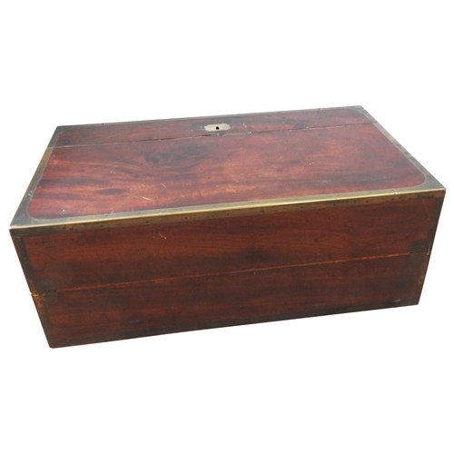 484 - A LARGE BRASS BOUND MAHOGANY CAMPAIGN WRITING SLOPE with a lift out interior revealing an arrangemen... 