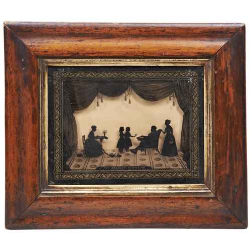 631 - A VICTORIAN REVERSE GLASS PAINTED SILHOUETTE, THE SEARLEY FAMILY, IN A MAPLE FRAME.30 x 35cmsProvena... 