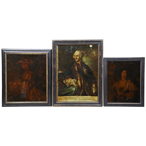 630 - A REVERSE COLOURED GLASS PRINT, SIR CHARLES SAUNDERS (REPAIRED) AND TWO OTHER HEAVILY DISCOLOURED EX... 