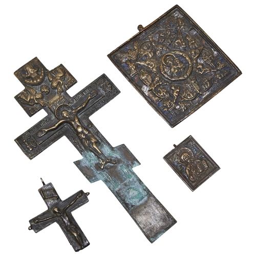 678 - A RUSSIAN ORTHODOX COPPER ALLOY CROSS, another small cross and two plaques. 21 cms maxProvenance:fro... 