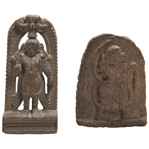 679 - AN INDIAN CARVED STONE ARCHED TOP VOTIVE PLAQUE OF HANUMAN and another of a Hindu deity. 18 x 9 cms ... 