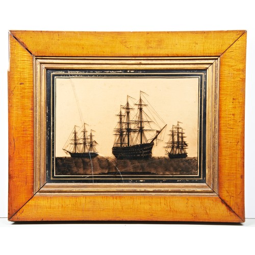 642 - A VICTORIAN REVERSE GLASS SILHOUETTE OF H.M.S.s LEE VICTORY AND EURYALUS IN MAPLE FRAME, sadly damag... 