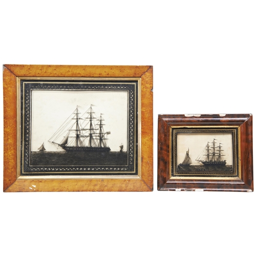 642 - A VICTORIAN REVERSE GLASS SILHOUETTE OF H.M.S.s LEE VICTORY AND EURYALUS IN MAPLE FRAME, sadly damag... 