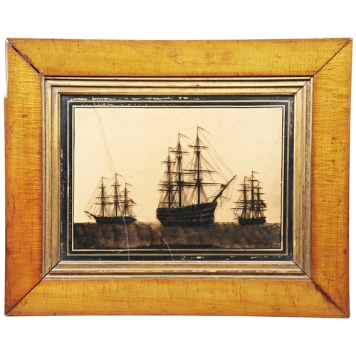 642 - A VICTORIAN REVERSE GLASS SILHOUETTE OF H.M.S.s LEE VICTORY AND EURYALUS IN MAPLE FRAME, sadly damag... 