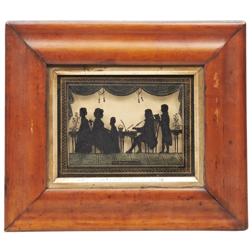 660 - A VICTORIAN REVERSE GLASS PAINTED SILHOUETTE OF THE BURNEY FAMILY; IN A MAPLE VENEERED FRAME.14 x 29... 