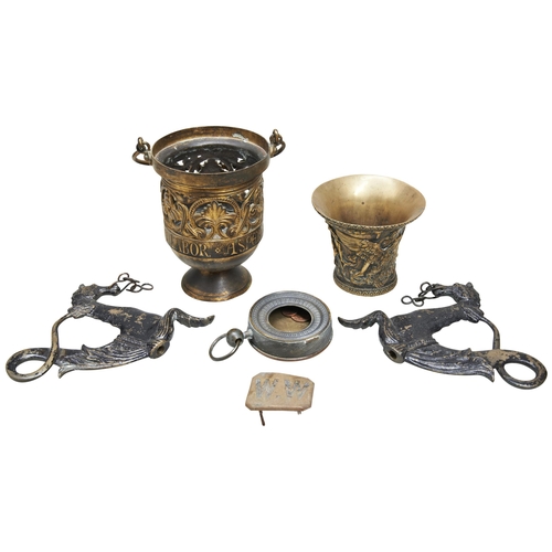 647 - A ROMAN CATHOLIC COPPER ALLOY CENSER; the reticulated vessel with swing handle (lacking lid) an orna... 