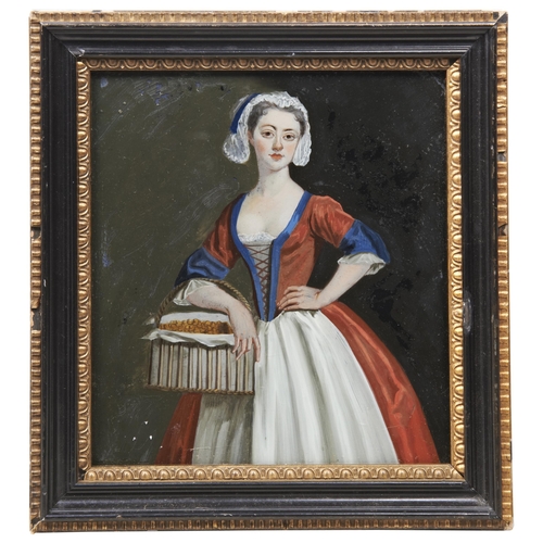 448 - A Reverse Glass Painted Picture of a 18th century woman with a basket, Chinese school.21 x 19 cmsPro... 