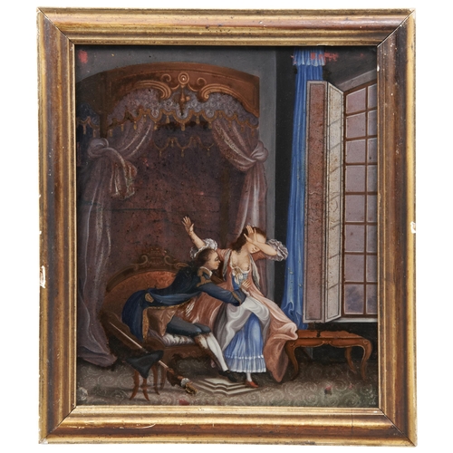 449 - A GOOD REVERSE GLASS PAINTED PICTURE of an 18th century amorous couple in an interior, Chinese Schoo... 