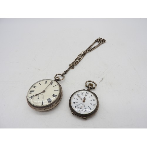 561 - A VINTAGE SILVER CASED FOB WATCH AND SILVER CASED POCKET WATCH, the fob watch in a chased decorated ... 