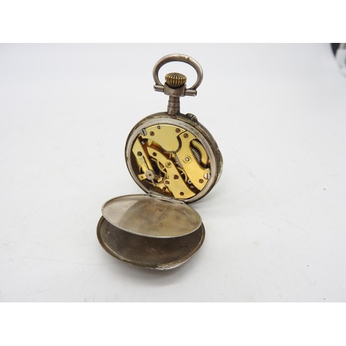 561 - A VINTAGE SILVER CASED FOB WATCH AND SILVER CASED POCKET WATCH, the fob watch in a chased decorated ... 