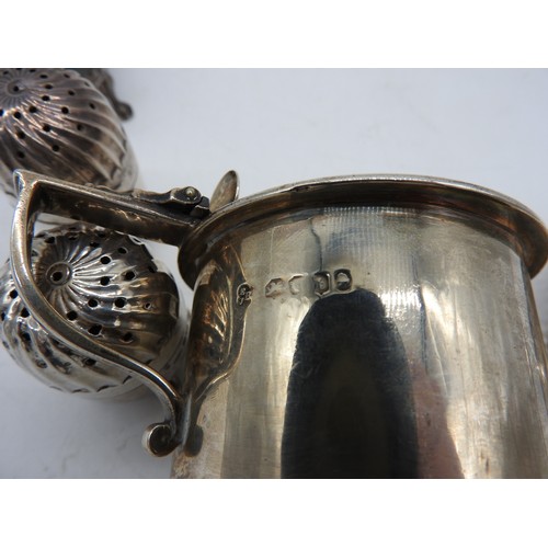 539 - A GEORGIAN SILVER MUSTARD POT, A SQUARE FORM RING BOX, A PIERCED BON BON DISH AND TWO CRUETS, the dr... 