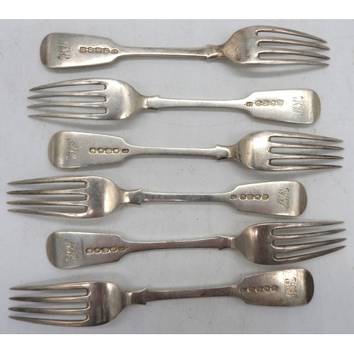 528 - A SET OF SIX VICTORIAN SILVER FORKS, fiddle pattern, monogrammed, bearing the mark of Charles Boyton... 