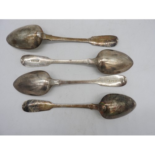 543 - A SET OF FOUR GEORGE III SILVER SERVING SPOONS, fiddle pattern, two with engraved monogram, bears th... 