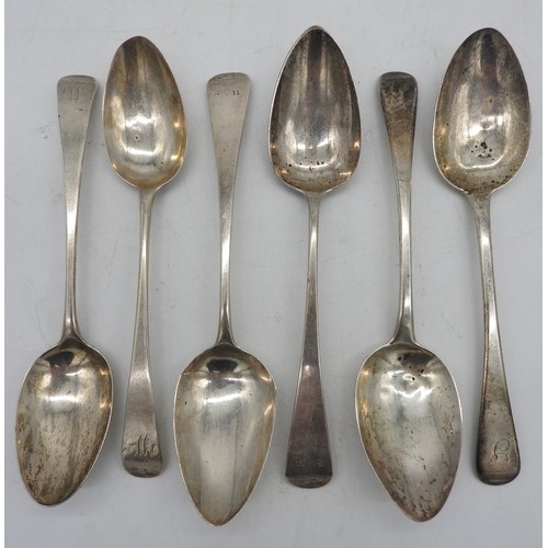 546 - THREE PAIRS OF GEORGE III SILVER SERVING SPOONS, Old English form, all with engraved monograms22.5 c... 