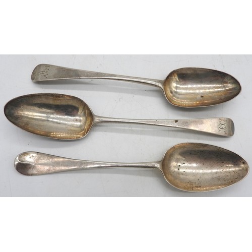 547 - THREE GEORGE III SILVER SERVING SPOONS, two with monograms, one marked Thomas Liddiard, London, 1778... 