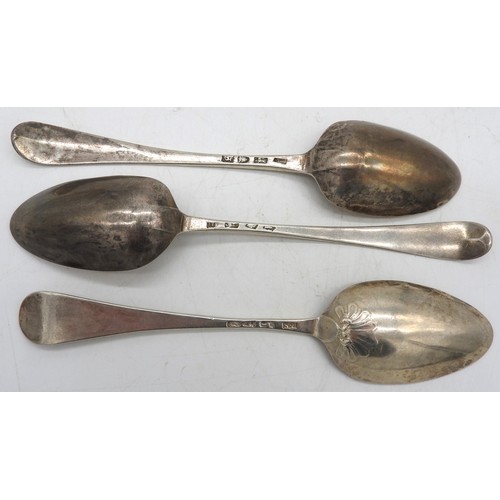 547 - THREE GEORGE III SILVER SERVING SPOONS, two with monograms, one marked Thomas Liddiard, London, 1778... 