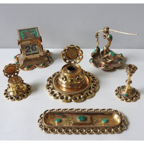 504 - A VINTAGE FRENCH LACQUERED BRASS FOUR PIECE DESK SET, LATE 19TH CENTURY, the set comprising of a pen... 