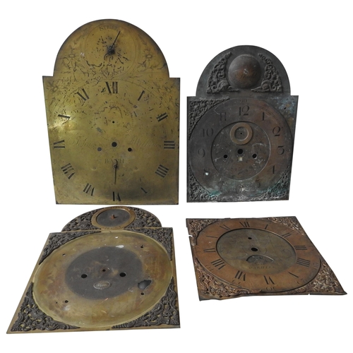 131 - FOUR LONGCASE DIALS; a 14inch arched brass dial signed John Williams, Bath strike/silent in the arch... 