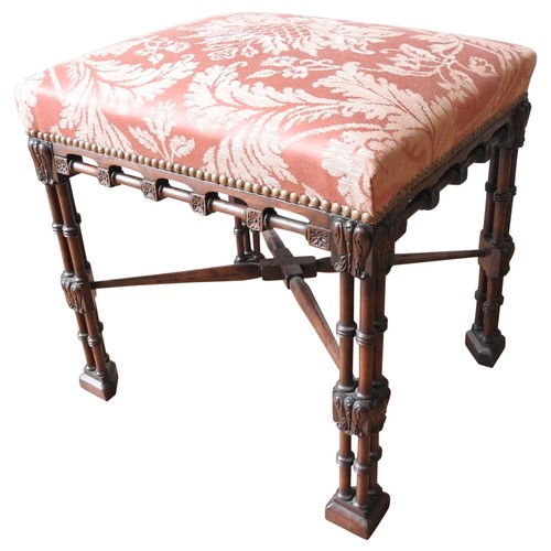 63 - AN ELEGANT GEORGE III MAHOGANY STOOL, the padded rectangular seat above an open spindle frieze with ... 