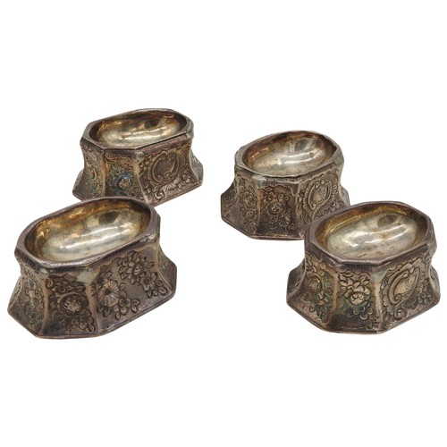 515 - A SET OF FOUR WHITE METAL TRENCHER SALTS, PROBABLY LAST QUARTER 18TH CENTURY, octagonal tapering for... 