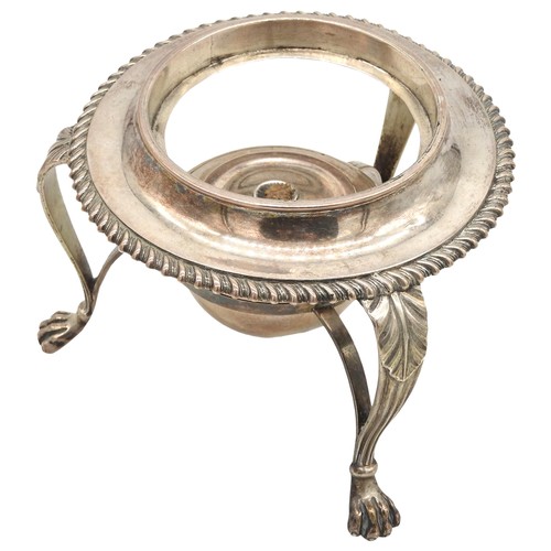 550 - A GEORGIAN SILVER BURNER STAND, the frame with an incorporated burner with a gadrooned edge, raised ... 